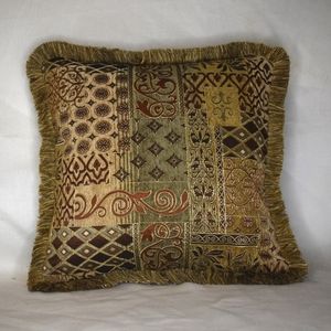 brown gold rust patchwork print chenille pillows with fringe